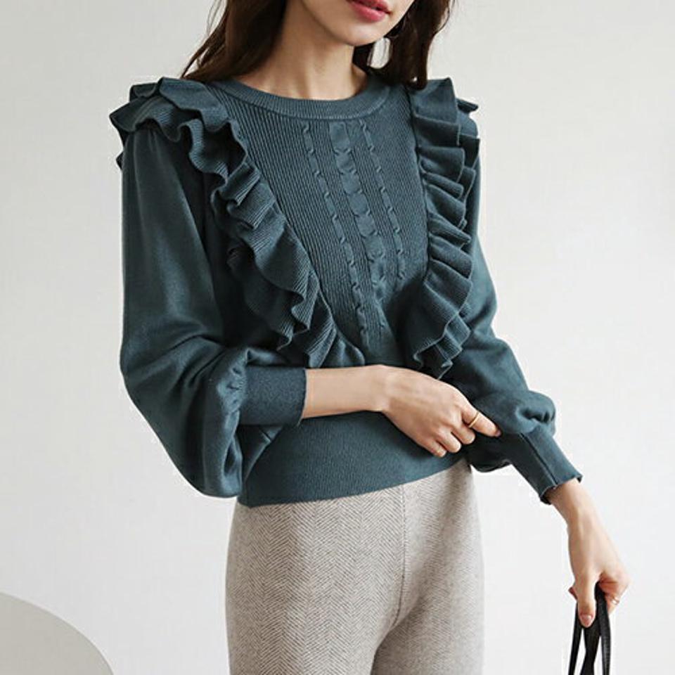 フリルポイントニット・全4色・b66055 レディース 【tops】【トップス ニット ニットトップス 長袖 フリル ガーリー 可愛い かわいい 秋 冬 韓国 ファッション】【ハイホリHIHOLLI】