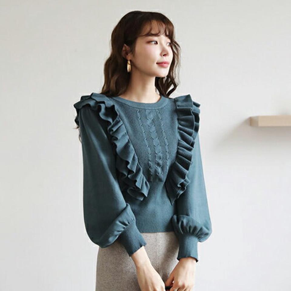 フリルポイントニット・全4色・b66055 レディース 【tops】【トップス ニット ニットトップス 長袖 フリル ガーリー 可愛い かわいい 秋 冬 韓国 ファッション】【ハイホリHIHOLLI】
