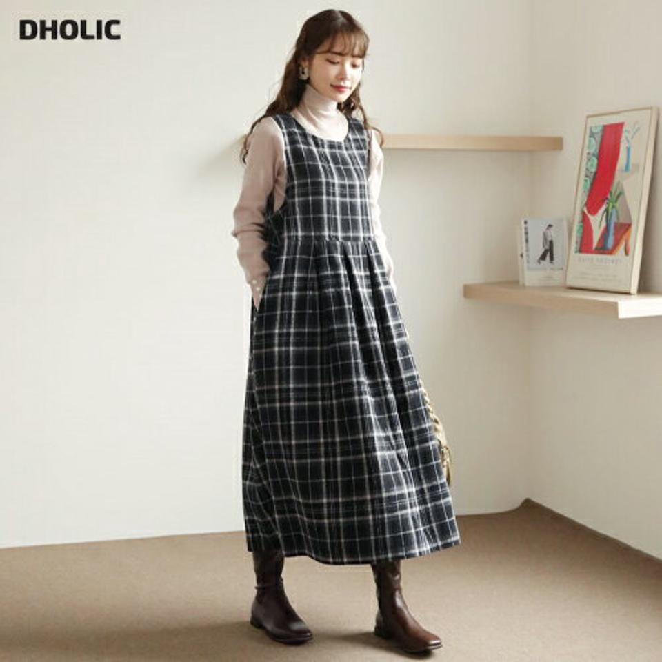 チェックワンピース・全2色・t66062 レディース 【ops】【ワンピース ロング ロングワンピース スリーブレス ノースリーブ チェック柄 レイヤード カジュアル かわいい 秋 冬 韓国 ファッション】【ハイホリHIHOLLI】