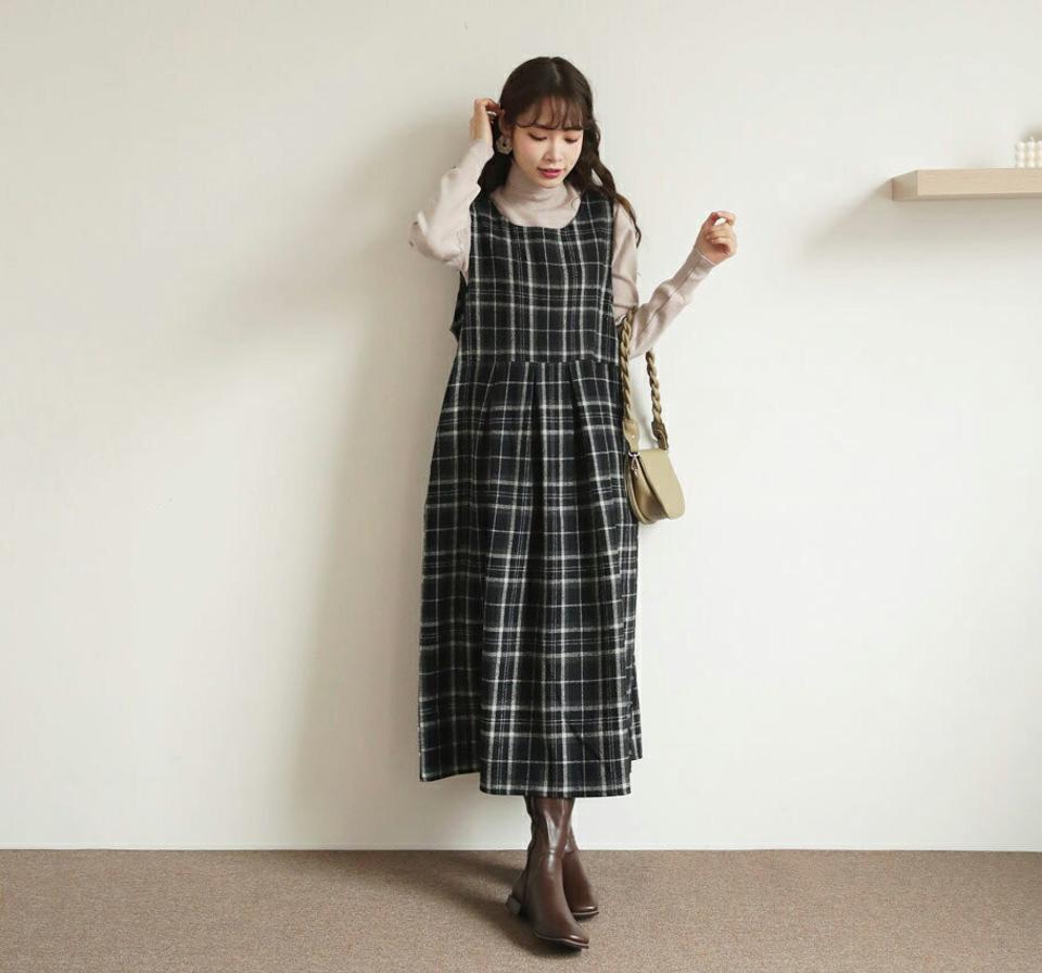 チェックワンピース・全2色・t66062 レディース 【ops】【ワンピース ロング ロングワンピース スリーブレス ノースリーブ チェック柄 レイヤード カジュアル かわいい 秋 冬 韓国 ファッション】【ハイホリHIHOLLI】