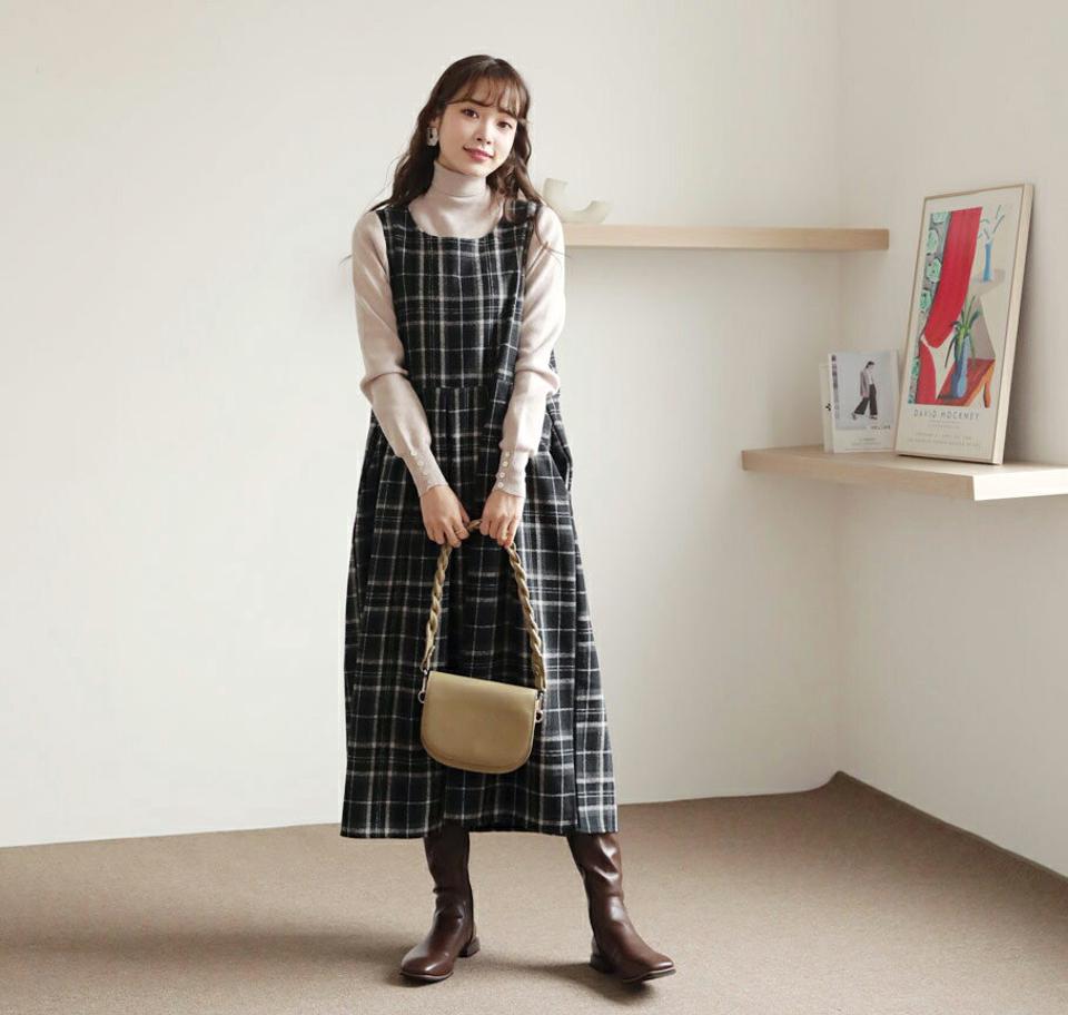 チェックワンピース・全2色・t66062 レディース 【ops】【ワンピース ロング ロングワンピース スリーブレス ノースリーブ チェック柄 レイヤード カジュアル かわいい 秋 冬 韓国 ファッション】【ハイホリHIHOLLI】