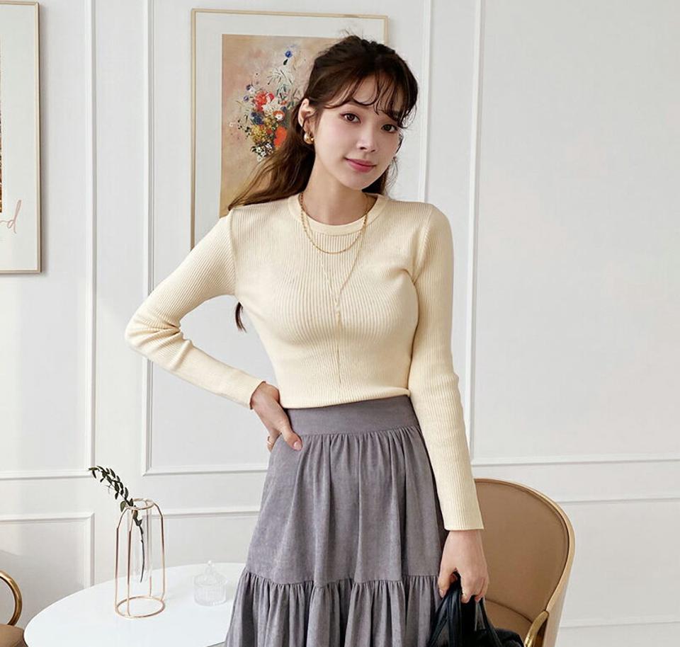ラウンドリブニット・全4色・b66058 レディース 【tops】【トップス ニット ニットトップス 長袖 リブ リブニット ラウンドネック 単色 無地 シンプル カジュアル 秋 冬 韓国 ファッション】【ハイホリHIHOLLI】