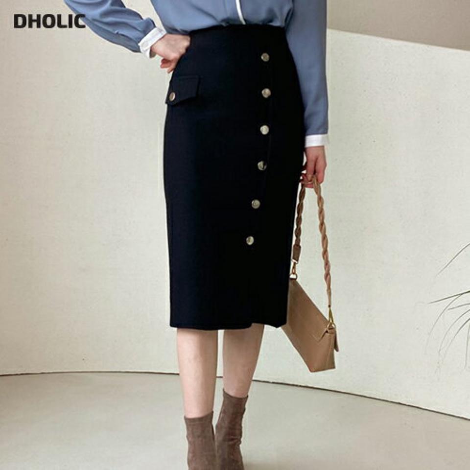 サイドボタンニットスカート・全2色・b56481 レディース 【sk】【韓国 ファッション ボトムス スカート やわらかい サイドボタン ニット フェイクポケット スリム フェイクボタン ポイント ハイゲージ エレガント カジュアル 秋 冬】