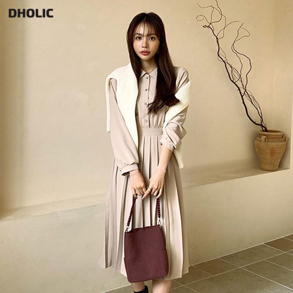 プリーツカラーワンピース・全3色・t66213 レディース 【ops】【ワンピース ミディ丈 ミディワンピース 長袖 プリーツ プリーツワンピース 単色 シンプル フェミニン 秋 冬 韓国 ファッション】【ハイホリHIHOLLI】