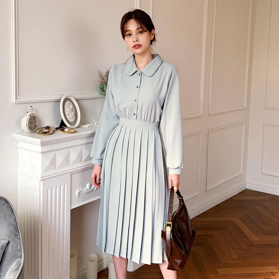 プリーツカラーワンピース・全3色・t66213 レディース 【ops】【ワンピース ミディ丈 ミディワンピース 長袖 プリーツ プリーツワンピース 単色 シンプル フェミニン 秋 冬 韓国 ファッション】【ハイホリHIHOLLI】