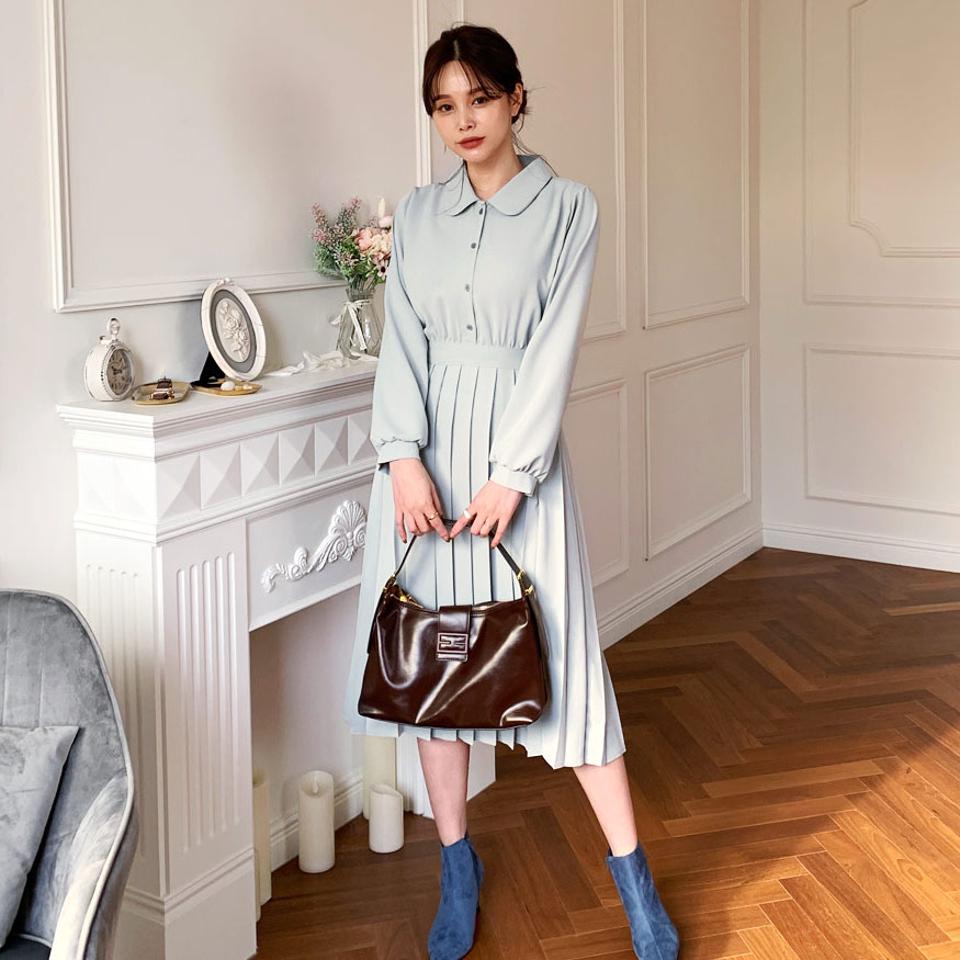 プリーツカラーワンピース・全3色・t66213 レディース 【ops】【ワンピース ミディ丈 ミディワンピース 長袖 プリーツ プリーツワンピース 単色 シンプル フェミニン 秋 冬 韓国 ファッション】【ハイホリHIHOLLI】