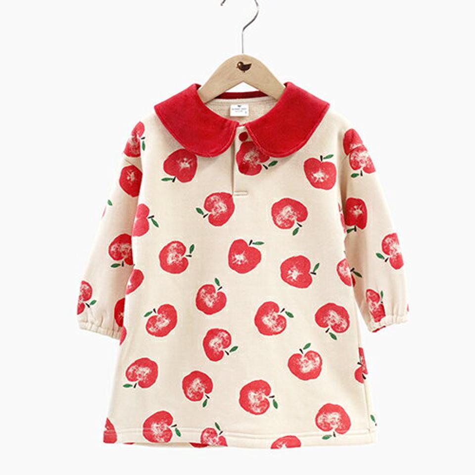 裏起毛ベルベットカラーアップルワンピース・p010876 キッズ【3~8才】【ops】【ワンピース 長袖 総柄 くだもの 裏起毛 ベルベット かわいい 可愛い 女の子 冬 韓国 韓国子供服 子供 こども 子供服 こども服】【KIDS】