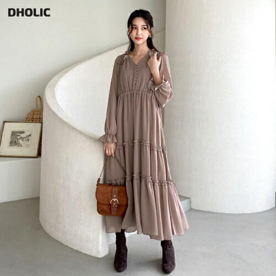 ギャザーフリルワンピース・全2色・t62579 レディース 【ops】【韓国 ファッション ワンピース ロング ロングワンピス 長袖 ギャザー フリルワンピース フリル ボタン Vネック ウエストストリング 体型カバー 上品 フェミニン カジュアル 秋 冬】