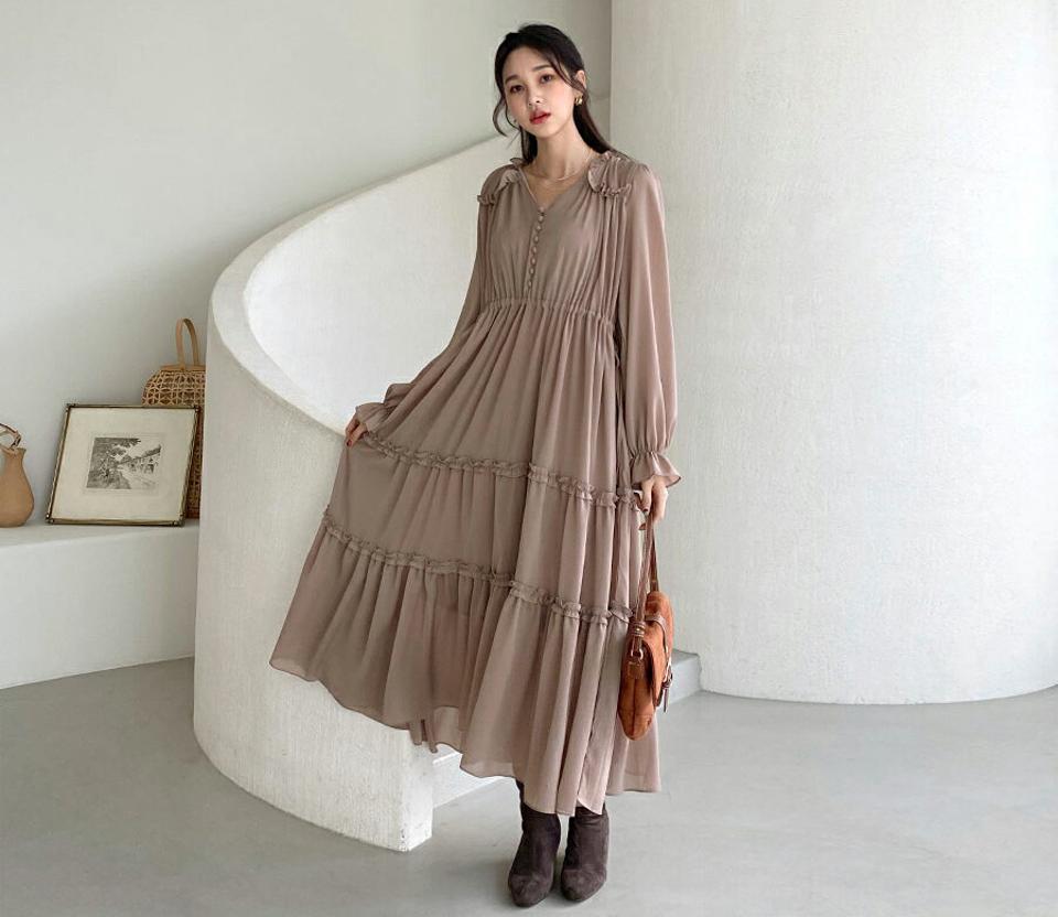 ギャザーフリルワンピース・全2色・t62579 レディース 【ops】【韓国 ファッション ワンピース ロング ロングワンピス 長袖 ギャザー フリルワンピース フリル ボタン Vネック ウエストストリング 体型カバー 上品 フェミニン カジュアル 秋 冬】