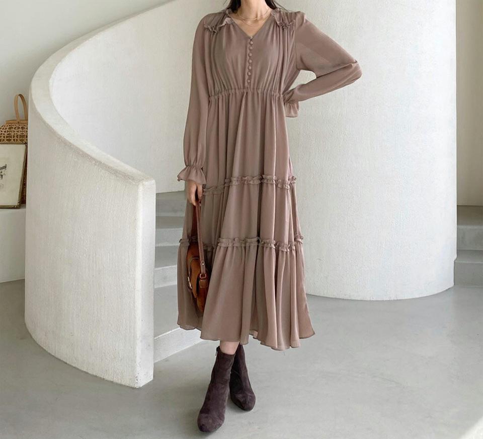 ギャザーフリルワンピース・全2色・t62579 レディース 【ops】【韓国 ファッション ワンピース ロング ロングワンピス 長袖 ギャザー フリルワンピース フリル ボタン Vネック ウエストストリング 体型カバー 上品 フェミニン カジュアル 秋 冬】