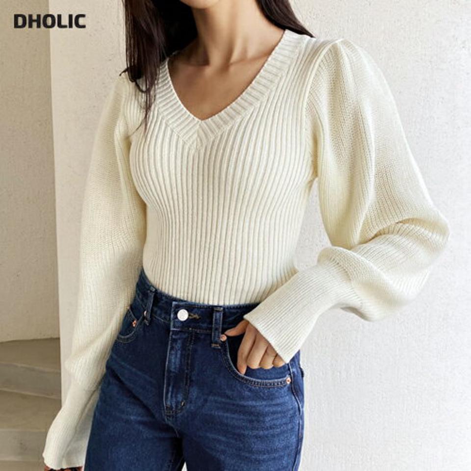 Vネックパフニット・全4色・b62622 レディース 【tops】【韓国 ファッション トップス ニット 長袖 ぼわん袖 デコルテ Vネック ルーズ ゆったり ボタン リブ リブニット シンプル 体型カーバー デイリー ベーシック 無地 カジュアル 秋 冬】