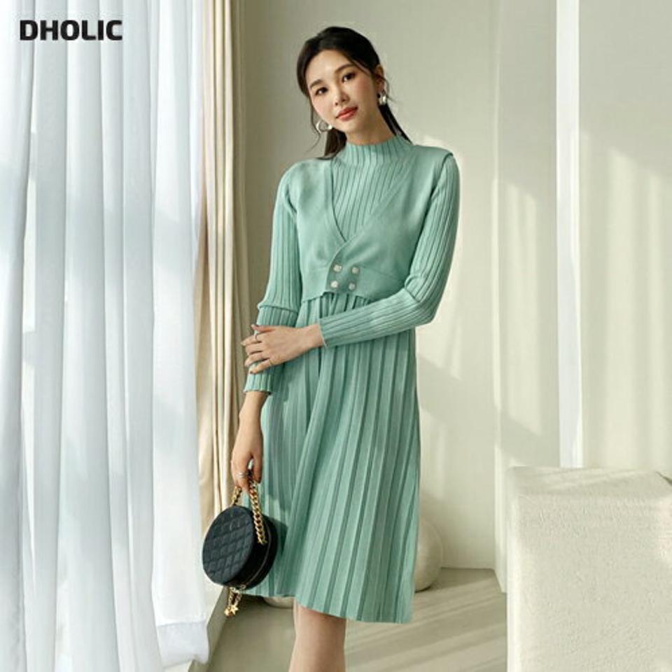 レイヤードニットワンピース・全3色・b62642 レディース 【ops】【韓国 ファッション ワンピース ロング ロングワンピス 長袖 レイヤード ニットワンピース ベスト レイヤード調 リブニット ハーフネック フィット ボタン フレアワンピース カジュアル 秋 冬】