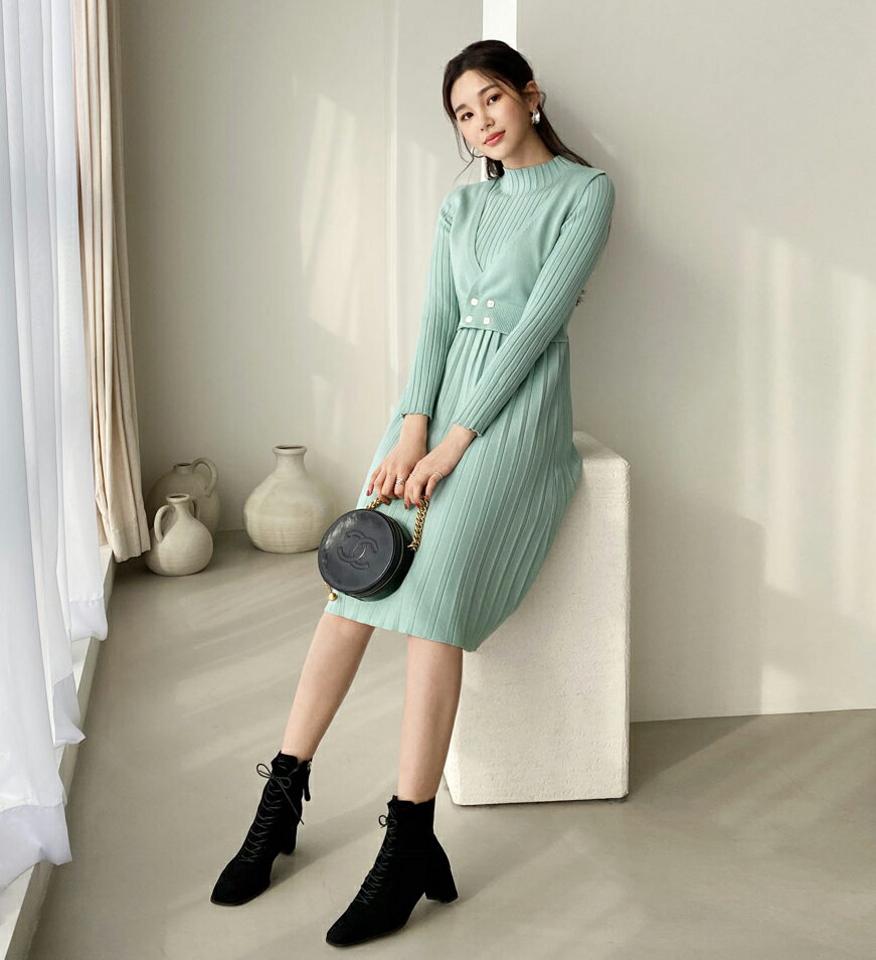 レイヤードニットワンピース・全3色・b62642 レディース 【ops】【韓国 ファッション ワンピース ロング ロングワンピス 長袖 レイヤード ニットワンピース ベスト レイヤード調 リブニット ハーフネック フィット ボタン フレアワンピース カジュアル 秋 冬】