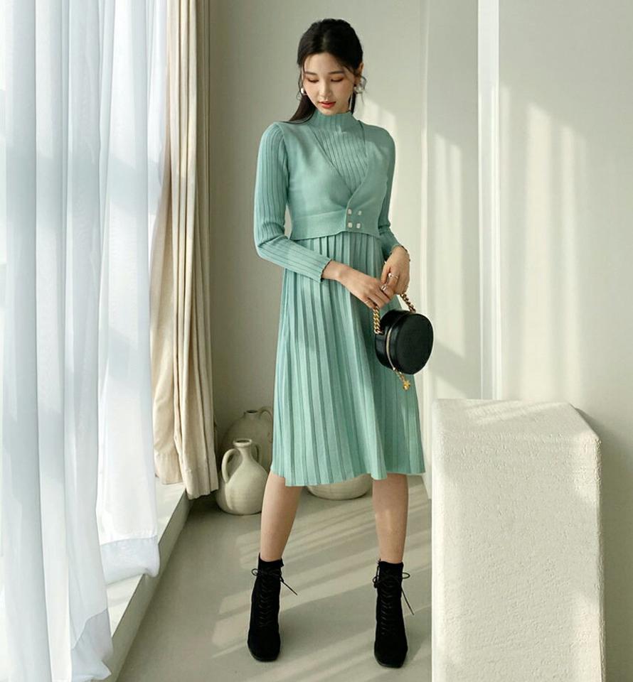 レイヤードニットワンピース・全3色・b62642 レディース 【ops】【韓国 ファッション ワンピース ロング ロングワンピス 長袖 レイヤード ニットワンピース ベスト レイヤード調 リブニット ハーフネック フィット ボタン フレアワンピース カジュアル 秋 冬】