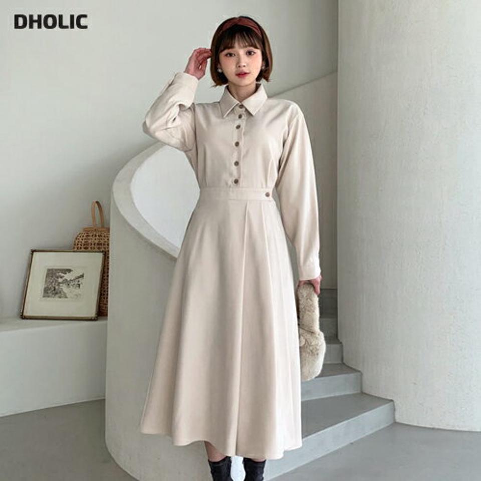 タックシャツワンピース・全2色・t62640 レディース 【ops】【韓国 ファッション ワンピース ロング ロングワンピス 長袖 タック シャツワンピース ラップワンピース 体型カバー フレアワンピース ウエストゴム カジュアル 秋 冬】