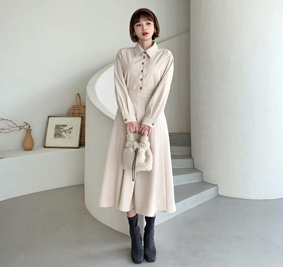 タックシャツワンピース・全2色・t62640 レディース 【ops】【韓国 ファッション ワンピース ロング ロングワンピス 長袖 タック シャツワンピース ラップワンピース 体型カバー フレアワンピース ウエストゴム カジュアル 秋 冬】