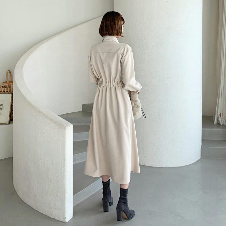 タックシャツワンピース・全2色・t62640 レディース 【ops】【韓国 ファッション ワンピース ロング ロングワンピス 長袖 タック シャツワンピース ラップワンピース 体型カバー フレアワンピース ウエストゴム カジュアル 秋 冬】