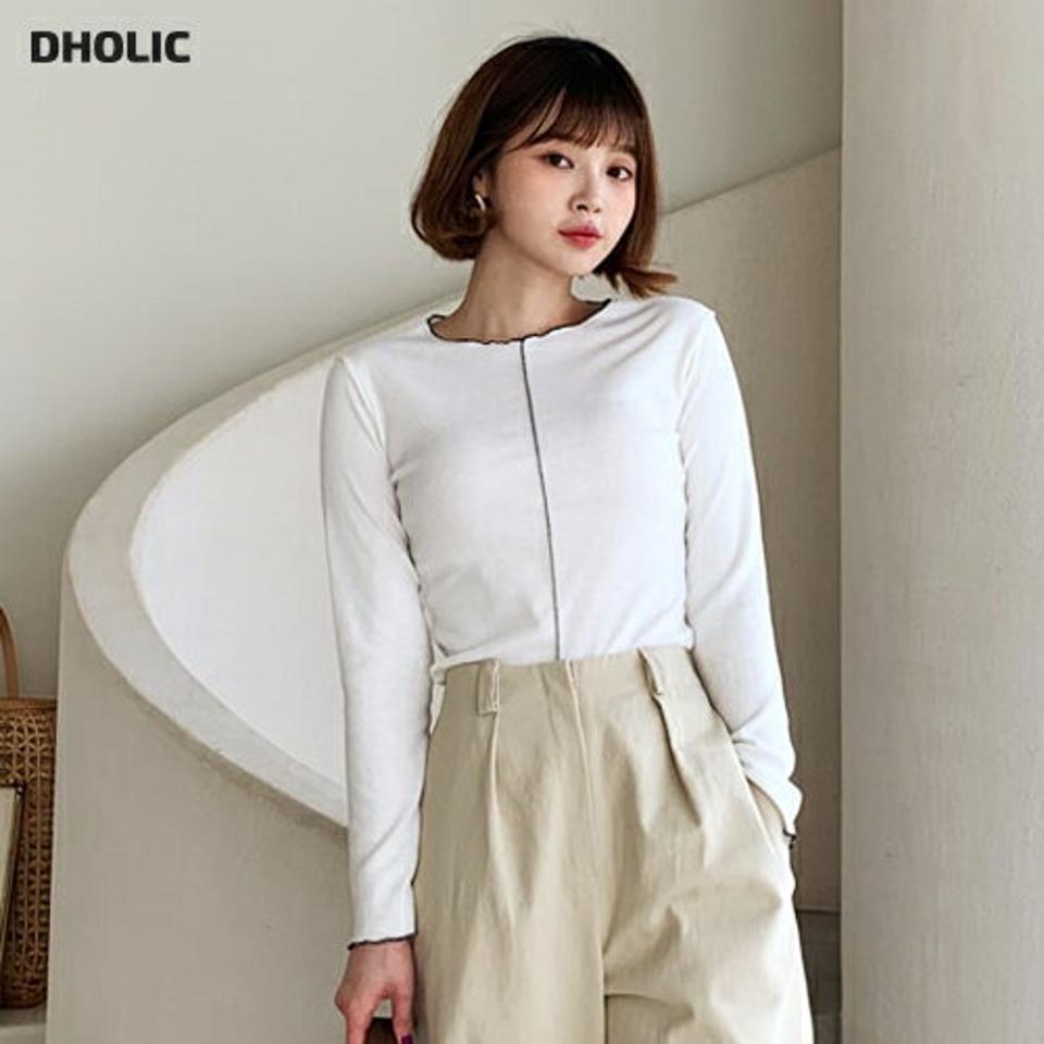 ステッチラインスリムTシャツ・全4色・b62612 レディース 【tops】【韓国 ファッション トップス Tシャツ 長袖 ステッチ スリム フィット 細身 体型カーバー ラウンドネック 配色 カジュアル 秋 冬】