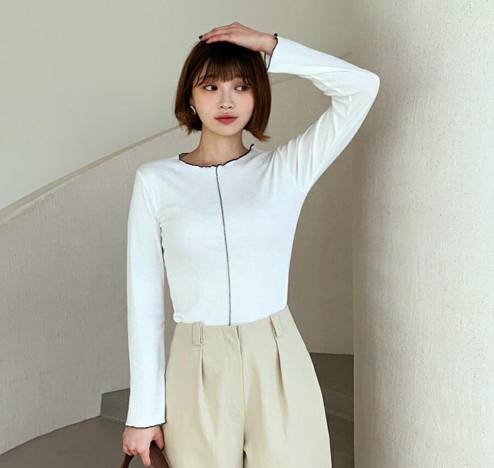 ステッチラインスリムTシャツ・全4色・b62612 レディース 【tops】【韓国 ファッション トップス Tシャツ 長袖 ステッチ スリム フィット 細身 体型カーバー ラウンドネック 配色 カジュアル 秋 冬】