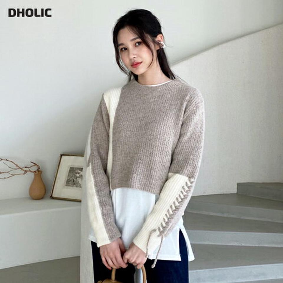 配色レースアップニット・全3色・t62629 レディース 【tops】【韓国 ファッション トップス ニット 長袖 ぼわん袖 ラウンドネック シンプル 体型カーバー デイリー ベーシック 無地 レースアップ カジュアル 秋 冬】