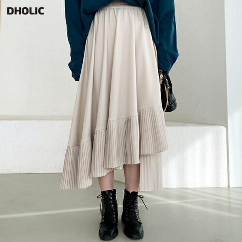 アンバランスプリーツスヘムカート・全3色・b62637 レディース 【sk】【韓国 ファッション ボトムス スカート ロング アンバランス プリーツスカート ウエストゴム ロングスカート 体型カバー シンプル 無地 フェミニン 上品 デイリー カジュアル 秋 冬】