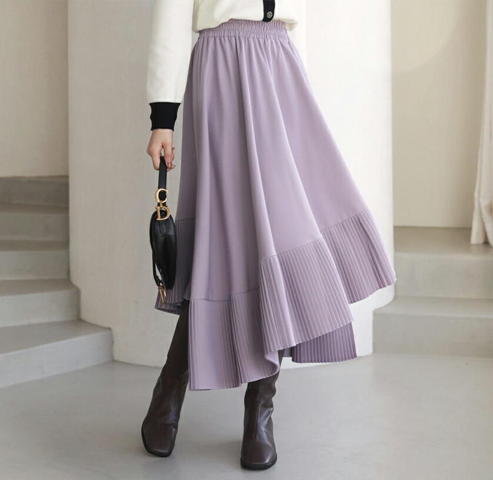 アンバランスプリーツスヘムカート・全3色・b62637 レディース 【sk】【韓国 ファッション ボトムス スカート ロング アンバランス プリーツスカート ウエストゴム ロングスカート 体型カバー シンプル 無地 フェミニン 上品 デイリー カジュアル 秋 冬】