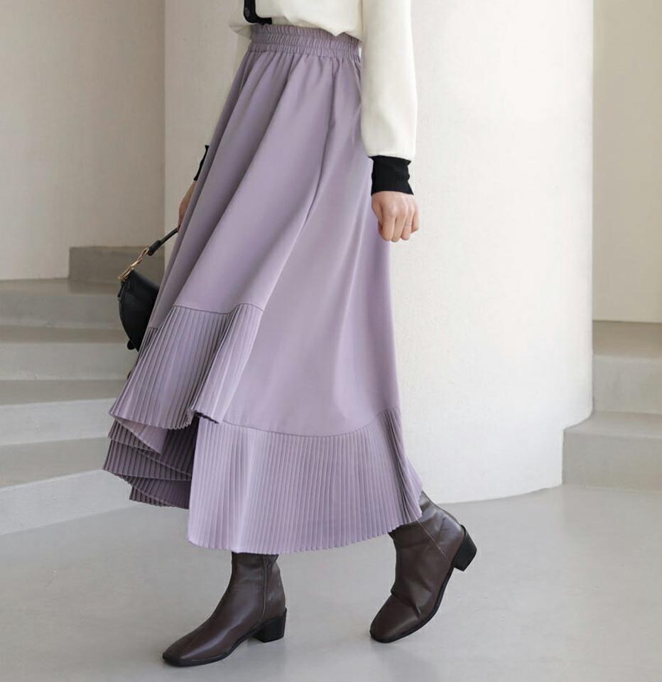 アンバランスプリーツスヘムカート・全3色・b62637 レディース 【sk】【韓国 ファッション ボトムス スカート ロング アンバランス プリーツスカート ウエストゴム ロングスカート 体型カバー シンプル 無地 フェミニン 上品 デイリー カジュアル 秋 冬】