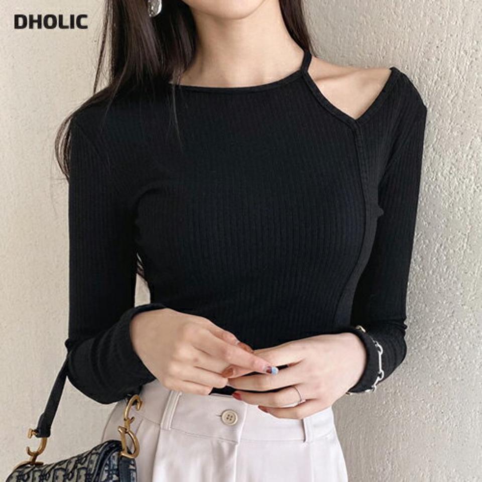 スリットショルダーTシャツ・全4色・t62610 レディース 【tops】【韓国 ファッション トップス Tシャツ 長袖 おしゃれ アンバランス ラウンドネック デコルテ スリット スリム フィット リブ 細身 体型カーバー カジュアル 秋 冬】