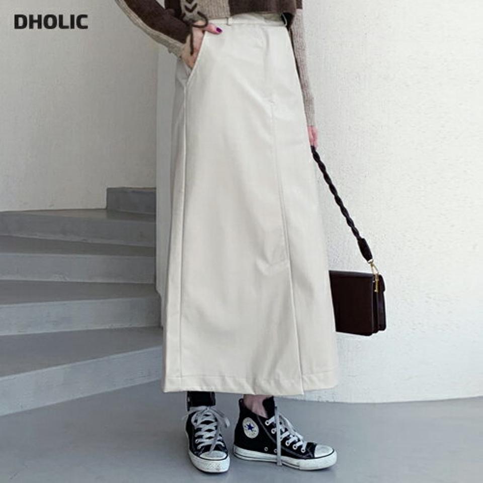 Aラインレザー調スカート・全3色・b62627 レディース 【sk】【韓国 ファッション ボトムス スカート ロング ロングスカート Aライン レザー調 スカート 柔らかい レザースカート ファスナー スリット入り ベルトループ サイドポケット カジュアル 秋 冬】