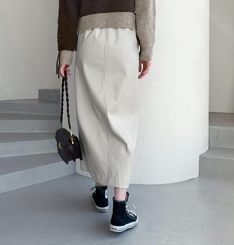 Aラインレザー調スカート・全3色・b62627 レディース 【sk】【韓国 ファッション ボトムス スカート ロング ロングスカート Aライン レザー調 スカート 柔らかい レザースカート ファスナー スリット入り ベルトループ サイドポケット カジュアル 秋 冬】