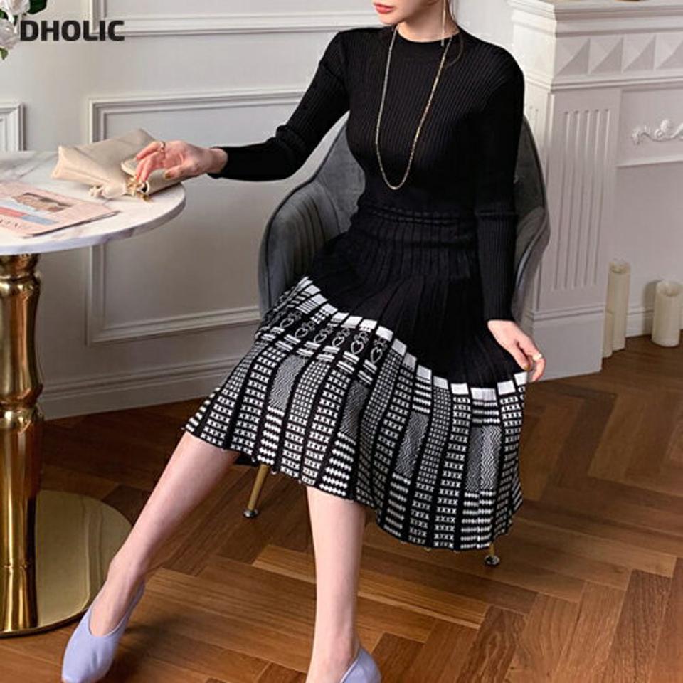 パターンプリーツニットワンピース・全1色・b66196 レディース 【ops】【ワンピース ミディ丈 ミディワンピース 長袖 ニット ニットワンピース プリーツ プリーツワンピース 大人 秋 冬 韓国 ファッション】【ハイホリHIHOLLI】