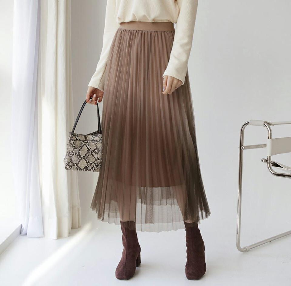 グラデチュールプリーツスカート・全2色・b62616 レディース 【sk】【韓国 ファッション ボトムス スカート ロング ロングスカート チュール プリーツスカート プリーツ ウエストゴム 体型カバー シンプル フェミニン デイリー カジュアル 秋 冬】