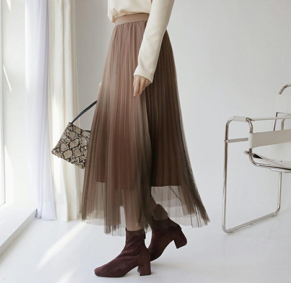 グラデチュールプリーツスカート・全2色・b62616 レディース 【sk】【韓国 ファッション ボトムス スカート ロング ロングスカート チュール プリーツスカート プリーツ ウエストゴム 体型カバー シンプル フェミニン デイリー カジュアル 秋 冬】