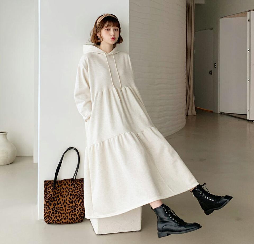 ≪人気商品再入荷≫裏起毛フードティアードワンピース・全3色・b62631 レディース 【ops】韓国 ファッション ワンピース ロングワンピス ワンマイルウェア 長袖 裏起毛 フード ティアード 裏起毛 体型カバー 上品 カジュアル 秋 冬