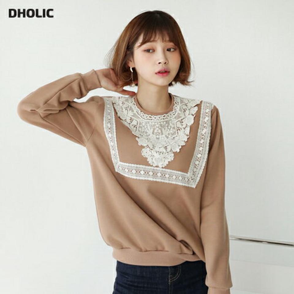 裏起毛レーススウェット・全3色・b62614 レディース 【tops】【韓国 ファッション トップス スウェット Tシャツ カットソー 長袖 無地 デイリー ベーシック カジュアル 裏起 レーススウェット レース 保温性 ラウンドネック ルーズ ゆったり リブ 秋 冬】