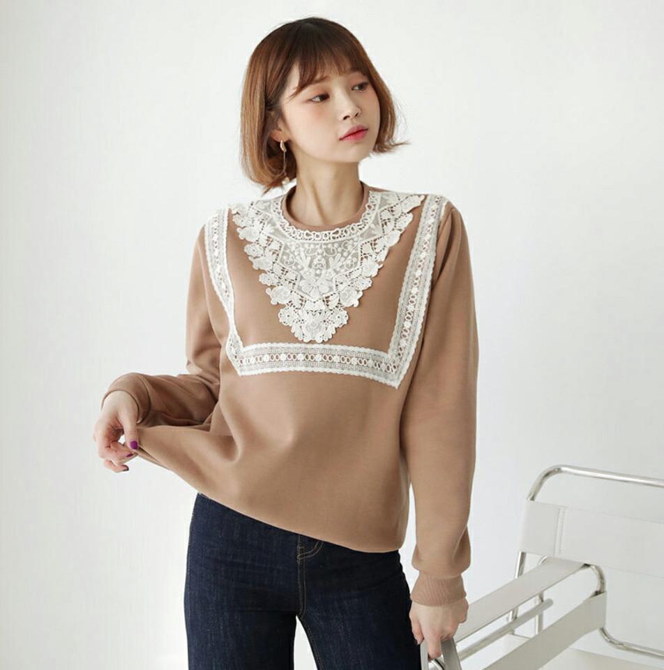 裏起毛レーススウェット・全3色・b62614 レディース 【tops】【韓国 ファッション トップス スウェット Tシャツ カットソー 長袖 無地 デイリー ベーシック カジュアル 裏起 レーススウェット レース 保温性 ラウンドネック ルーズ ゆったり リブ 秋 冬】