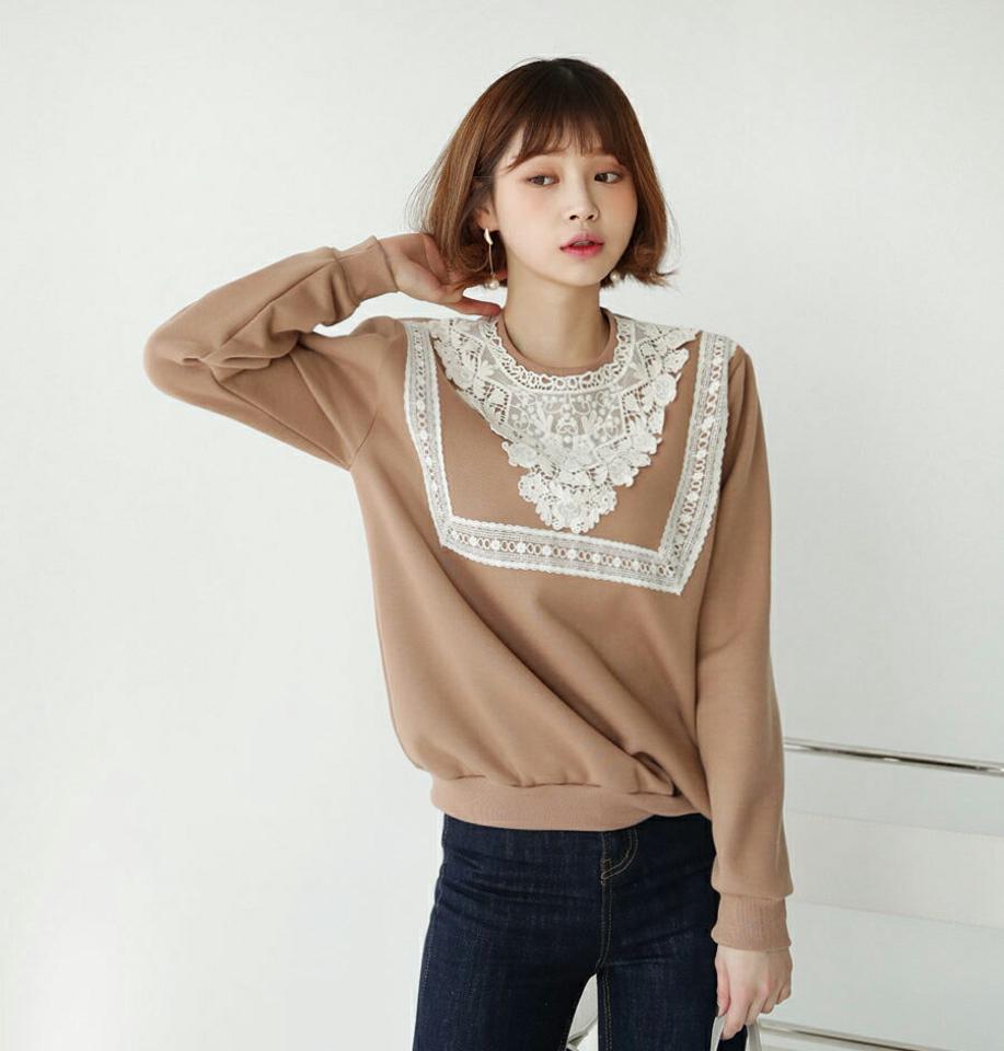 裏起毛レーススウェット・全3色・b62614 レディース 【tops】【韓国 ファッション トップス スウェット Tシャツ カットソー 長袖 無地 デイリー ベーシック カジュアル 裏起 レーススウェット レース 保温性 ラウンドネック ルーズ ゆったり リブ 秋 冬】