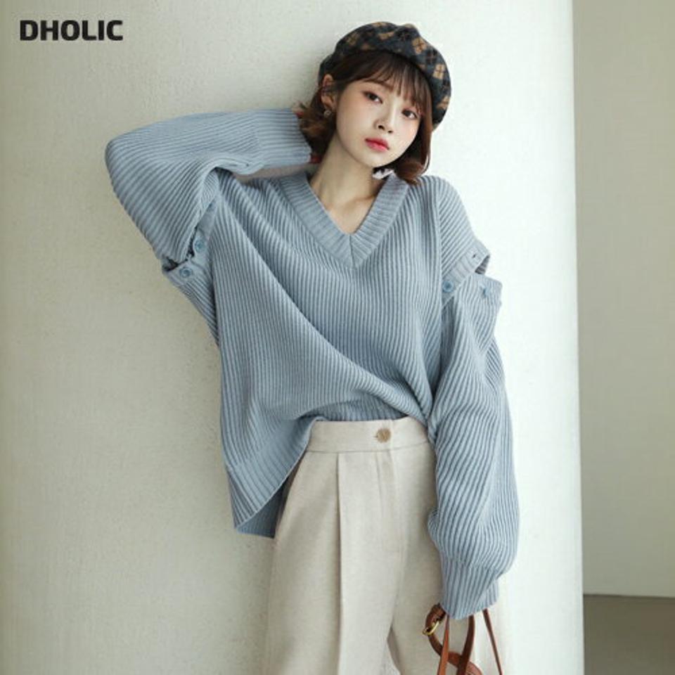 2WAYボタンVネックニット・全4色・n62644 レディース 【tops】【韓国 ファッション トップス ニット 長袖 ぼわん袖 デコルテ Vネック ルーズ ゆったり ボタン リブ リブニット シンプル 体型カーバー デイリー ベーシック 無地 カジュアル 秋 冬】