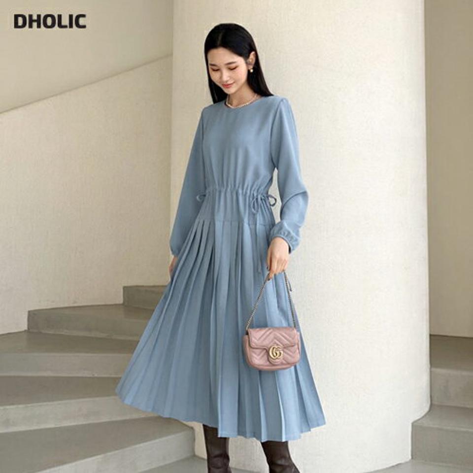 ドロストプリーツワンピース・全4色・t62632 レディース 【ops】【韓国 ファッション ワンピース ロング ロングワンピス 長袖 プリーツ ラウンドネック プリーツ ウエストストリング バックボタン 体型カバー 上品 フェミニン カジュアル 秋 冬】