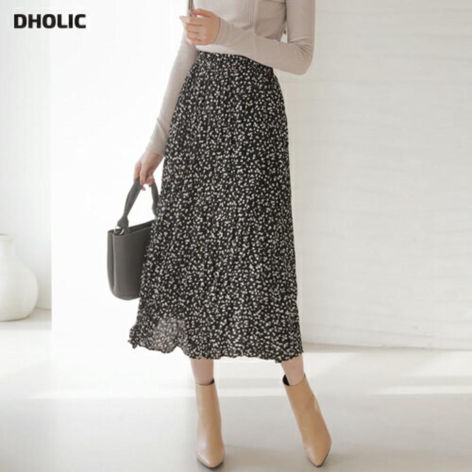 花柄リンクルスカート・全2色・b62620 レディース 【sk】【韓国 ファッション ボトムス スカート ロング ロングスカート 花柄 リンクル フラワー パターン ウエストゴム フィット 体型カバー シンプル フェミニン デイリー カジュアル 秋 冬】