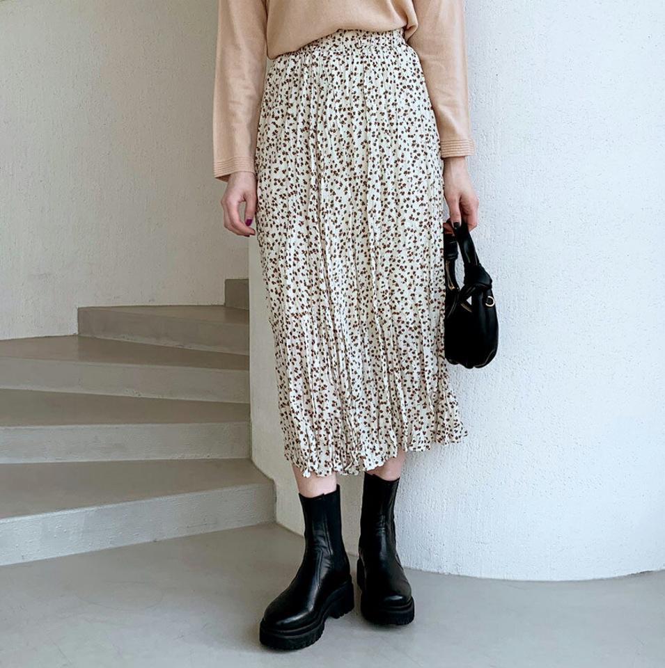花柄リンクルスカート・全2色・b62620 レディース 【sk】【韓国 ファッション ボトムス スカート ロング ロングスカート 花柄 リンクル フラワー パターン ウエストゴム フィット 体型カバー シンプル フェミニン デイリー カジュアル 秋 冬】