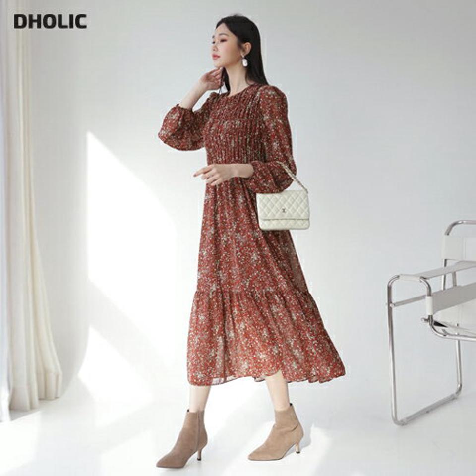 シャーリング花柄ワンピース・全2色・b62633 レディース 【ops】【韓国 ファッション ワンピース ロング ロングワンピス 長袖 シャーリング 花柄ワンピース バックボタン ラウンドネック フレアワンピース フレアワンピース フラワー カジュアル 秋 冬】