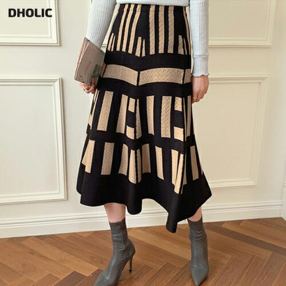 パターンニットスカート・全3色・b66222 レディース 【sk】【スカート ロング ロングスカート ニット ニットスカート 総柄 モダン ウエストゴム Aライン 秋 冬 韓国 ファッション】【ハイホリHIHOLLI】