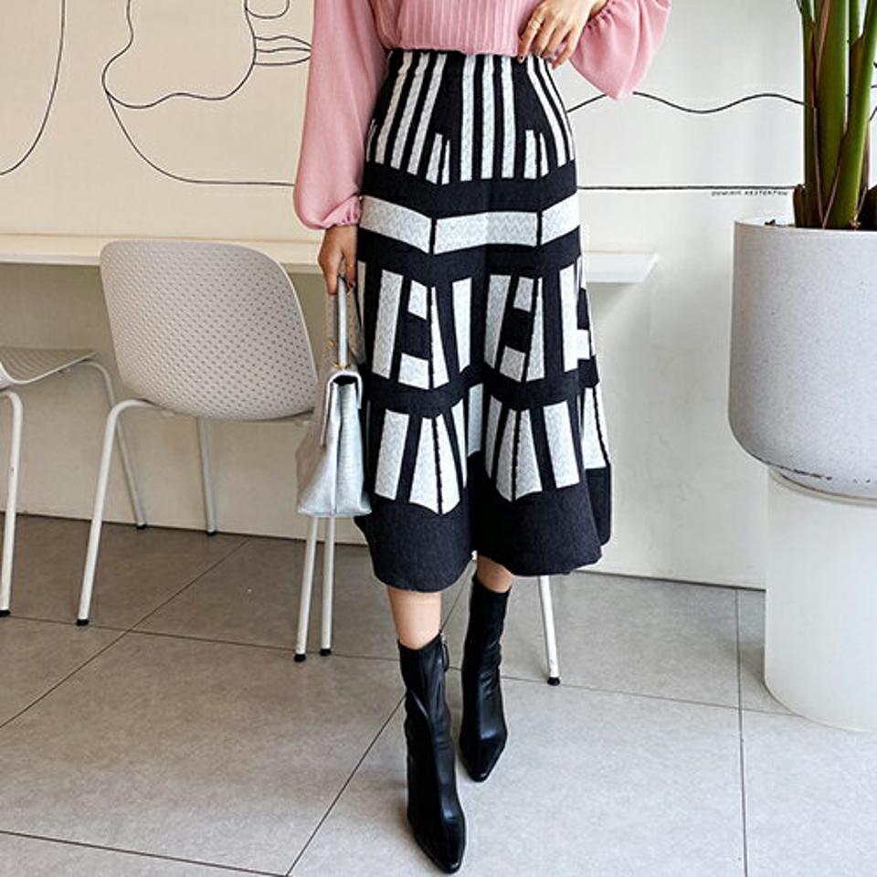 パターンニットスカート・全3色・b66222 レディース 【sk】【スカート ロング ロングスカート ニット ニットスカート 総柄 モダン ウエストゴム Aライン 秋 冬 韓国 ファッション】【ハイホリHIHOLLI】