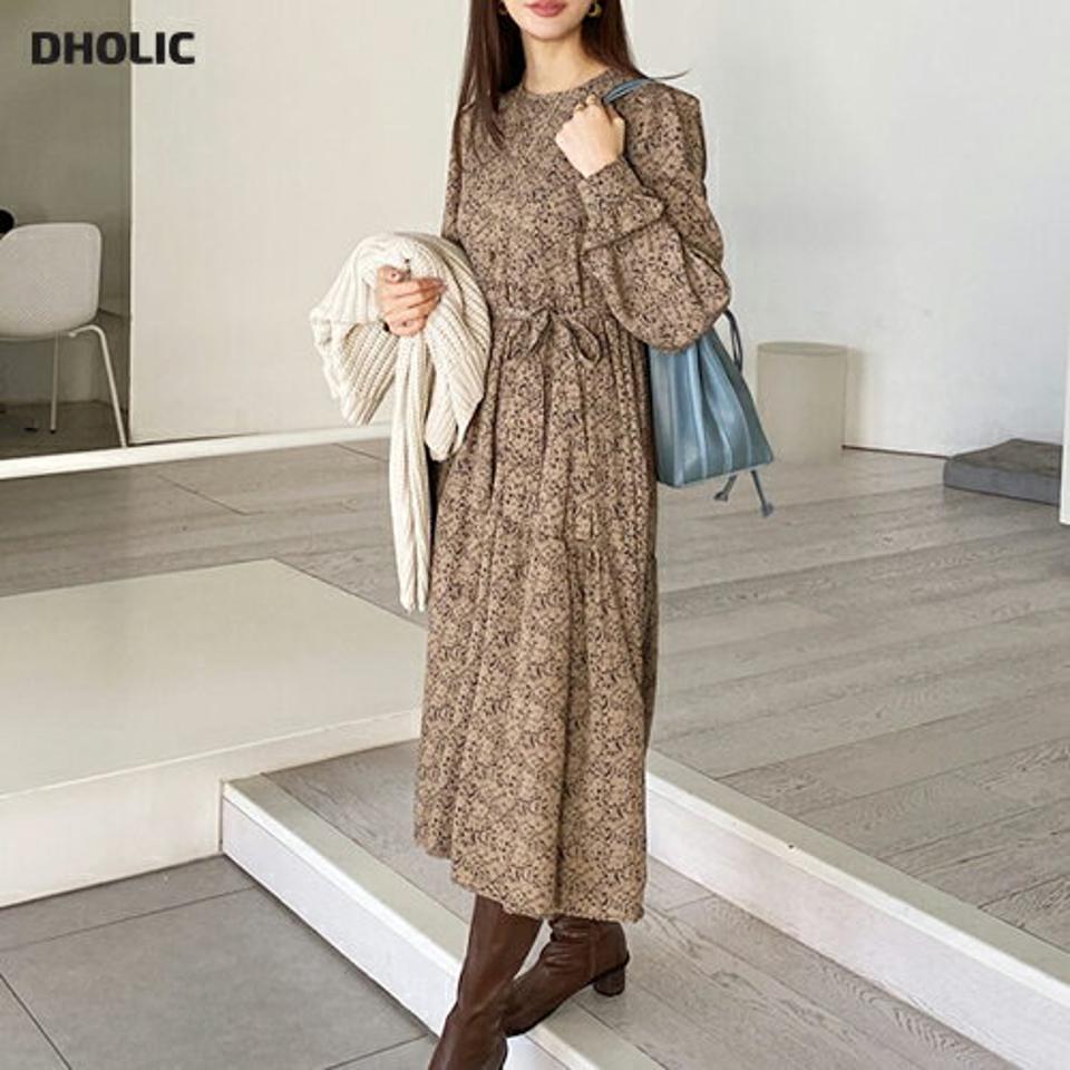 ストラップ付プリントワンピース・全2色・b66194 レディース 【ops】【ワンピース ロング ロングワンピース 長袖 プリント 花柄 フラワー パフスリーブ 秋 冬 韓国 ファッション】【ハイホリHIHOLLI】