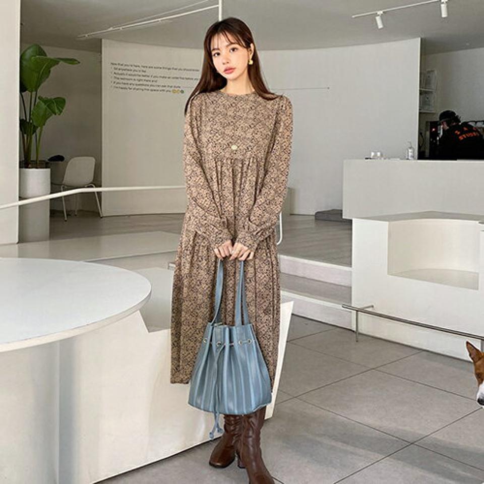 ストラップ付プリントワンピース・全2色・b66194 レディース 【ops】【ワンピース ロング ロングワンピース 長袖 プリント 花柄 フラワー パフスリーブ 秋 冬 韓国 ファッション】【ハイホリHIHOLLI】