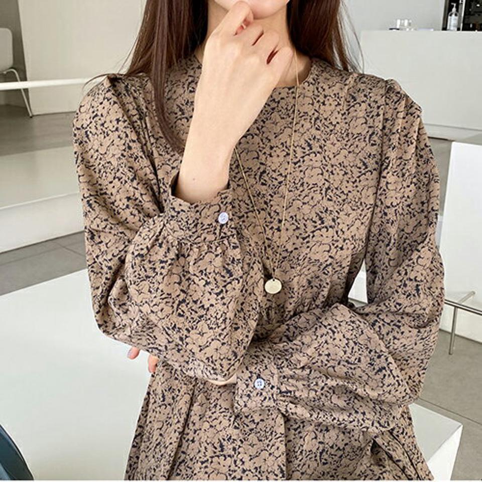 ストラップ付プリントワンピース・全2色・b66194 レディース 【ops】【ワンピース ロング ロングワンピース 長袖 プリント 花柄 フラワー パフスリーブ 秋 冬 韓国 ファッション】【ハイホリHIHOLLI】