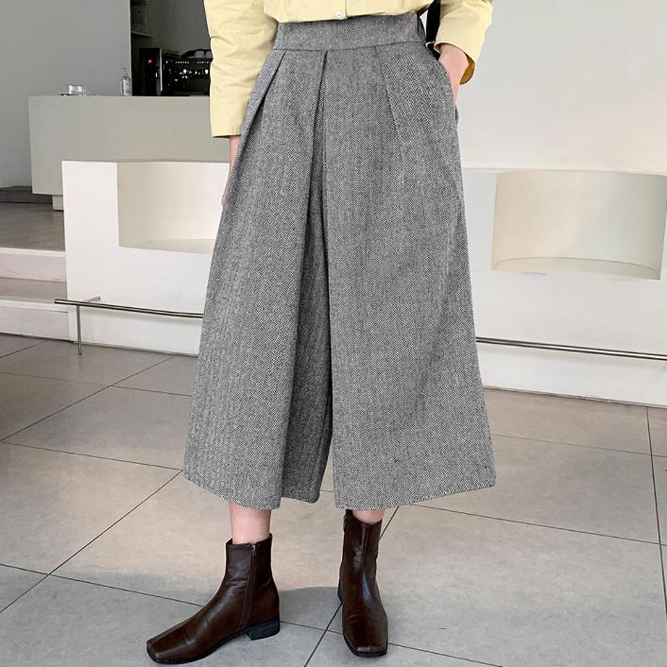 ヘリンボーンタックパンツ・全2色・b66219 レディース 【pt】【パンツ ズボン ロングパンツ タック ワイド ワイドパンツ ヘリンボーン シック 大人 クロップド丈 短丈 秋 冬 韓国 ファッション】【ハイホリHIHOLLI】