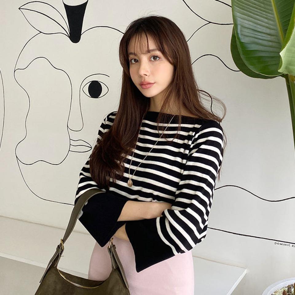 ボーダーボートネックニット・全5色・b66193 レディース 【tops】【トップス ニット ニットトップス ボーダー柄 長袖 ボートネック カジュアル ラフ 秋 冬 韓国 ファッション】【ハイホリHIHOLLI】