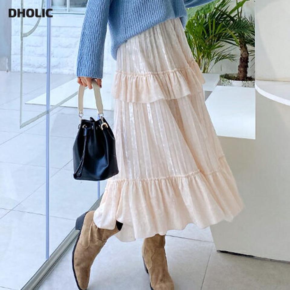 ベロアアンバランスフリルスカート・全2色・66221 レディース 【sk】【スカート ロングスカート ロング フリル アンバランス ベロア ベロアスカート 上品 単色 プリーツ プリーツスカート 秋 冬 韓国 ファッション】【ハイホリHIHOLLI】